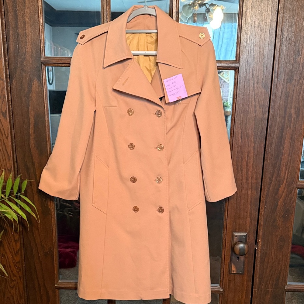 Vintage Sears Tan Double Breasted‎ Trench Coat Epaulettes Mid Length Tan Beige
